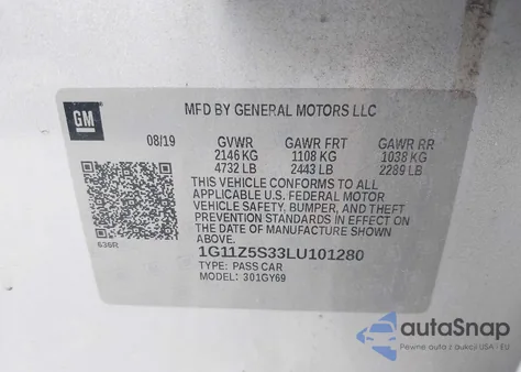 2020 Chevrolet Impala Fwd Lt from USA, damaged, VIN 1G11Z5S33LU101280